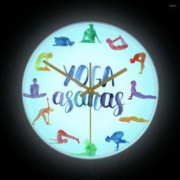 Horloges murales Yoga Asanas LED horloge d'éclairage pour la maison GYM salle de Fitness Studio enseigne au néon Yogi Art couleur changeante lueur dans l'obscurité