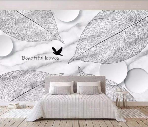Cubierta de pared Papel de pantalla grande personalizado Permanecido a mano Hojas de planta en blanco y negro pintadas a mano Patrón de mármol Muro de fondo