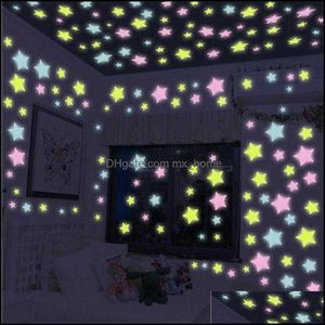 Decoración de pared Gardenwall pegatinas decoración del hogar 100 Uds Diy 3D estrellas brillan en la oscuridad luminosa fluorescente para niños habitación de bebé techo Lbaz