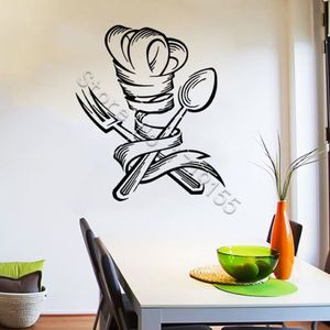 Muurtattoo keuken vinyl muurstickers moderne raamposter lepel vork patroon muurstickers restaurant chef-kok Decal2108