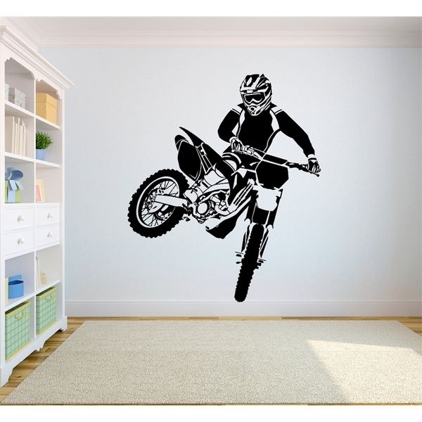 Calcomanía de pared Motorcross Dirt Bike pegatina dormitorio sport dirt bike motocicleta personalizado niños adolescente habitación A-009 210308