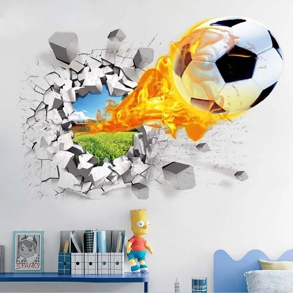 Decoración de la pared 3D Fútbol pegatinas de pared rotas para la habitación de los niños sala de estar decoración deportiva mural pegatinas de pared decoración del hogar calcomanías papel tapiz 231204