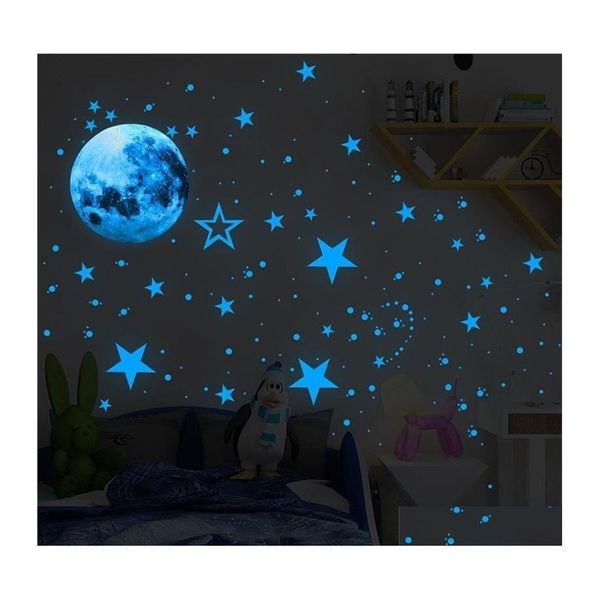 Décoration murale 435 pièces/ensemble lumineux lune étoiles points autocollant enfants chambre chambre salon décoration décalcomanies lueur dans le noir autocollants Dr Dh0B1