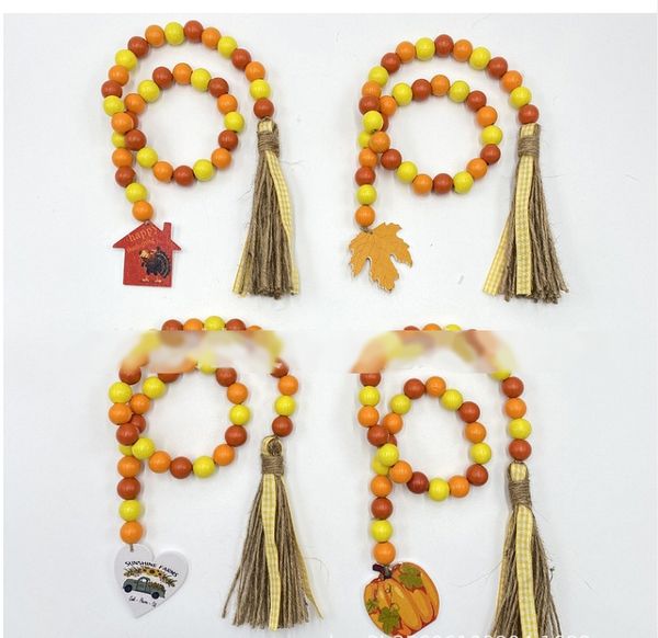 Décoration murale Jours de récolte d'automne Jour de Thanksgiving Guirlande de perles en bois décorée avec une étiquette de feuille d'érable de citrouille Pompon Perles de ferme Décorations de fête M3809