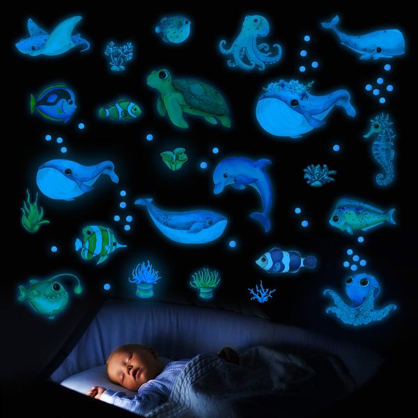 Decoración de pared, pegatinas luminosas de peces de océano azul, ballena fluorescente que brilla en la oscuridad para niños, habitaciones de bebé, dormitorio, calcomanía para el hogar 230220