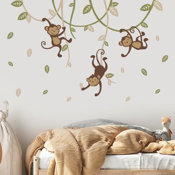 Décoration murale Boho Singe Suspendu à la Branche Feuilles Jungle Autocollant Pépinière Vinyle Decal Garçons Bébé Chambre Salle De Jeux Intérieur Maison 230411