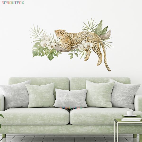 Décoration murale dessin animé Animal léopard autocollants pour bébé enfants chambre pépinière Stickers muraux forêt animaux plantes décoration de la maison 230411