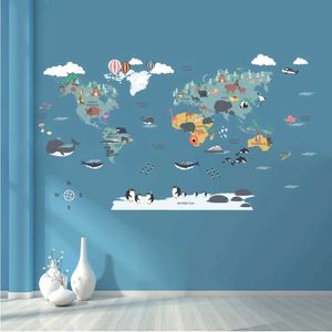 Décoration murale Cartoon Animaux Map World Map Sticker Wall For Kids Room Self Adhesive Migne Animal Map Wall Decal School D240528