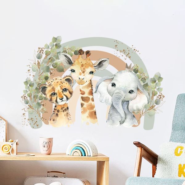 Decoración de pared dibujos animados lindo elefante jirafa Arco Iris hojas acuarela pegatina vinilo bebé guardería arte calcomanías para habitación de niños hogar 230411