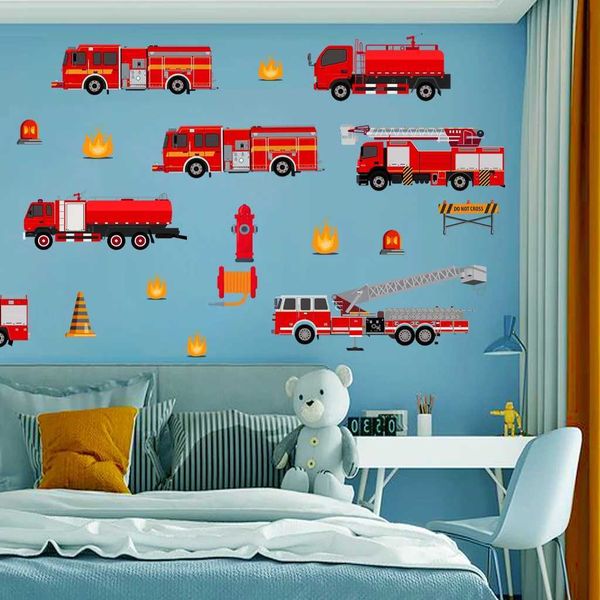 Décoration murale dessin animé camion de pompier décor mural décaloux de chambre d'enfants chambre à coucher de salle de jeu.