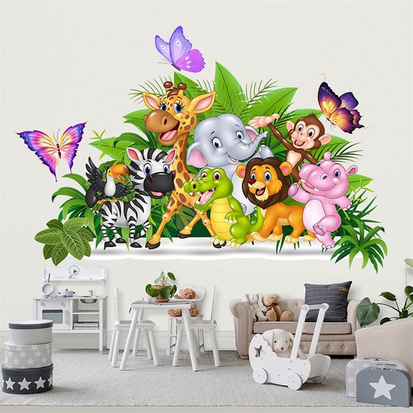 Décoration murale mignon dessin animé animaux de la forêt autocollants pour chambres d'enfants garçons bébé chambre décoration Jungle éléphant girafe Lion singe papier 230411