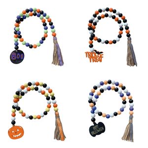 Wall Decor Halloween Wood Bead Garland Verfraaid met Pumpkin Hangers Tassel Boerderij Kralen Party Gunst Pendant Signs Decoraties M3803