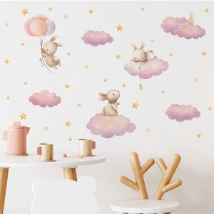Décoration murale kawaii dessin animé lapin rose nuages ​​étoiles étoiles aquarelle enfants autocollants en vinyle nursey décalcomanies murales enfants filles bébé chambre à la maison D240528SU5M
