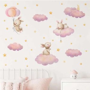 Décoration murale kawaii dessin animé lapin rose nuages étoiles étoiles aquarelle enfants autocollants en vinyle nursey décalcomanies murales enfants filles bébé chambre à la maison D240528