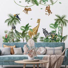 Décoration murale grande taille Jungle Animal Plam décoration murale autocollant pour chambre d'enfants chambre auto-adhésif papier peint Mural girafe zèbre singe décalcomanie 231204