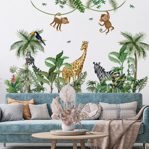 Décoration murale grande taille Jungle Animal Plam décoration murale autocollant pour chambre d'enfants chambre auto-adhésif papier peint Mural girafe zèbre singe décalcomanie 231204