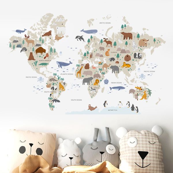 Décoration murale grande carte du monde autocollants dessin animé animaux faune aquarelle enfants vinyle pépinière Art décalcomanies pour bébé filles chambre maison 230411