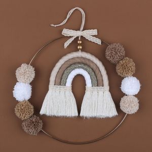 Wanddecor Noordse kant Macrame Rainbow Tapestry Kids Baby Slaapkamer Decor Speelgoed Handgemaakte metalen Ring Pompom Ball Tapijtwand Hanging Decor 230324