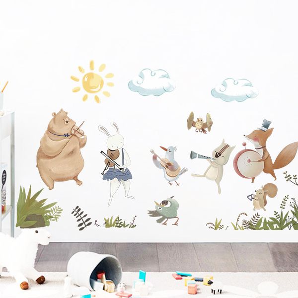 Decoración de pared, pegatinas de reproductor de música de banda de animales de acuarela nórdica para habitación de niños, calcomanías de guardería para bebé, PVC para el hogar 230220