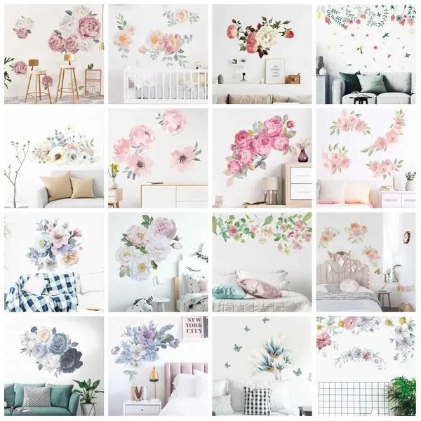 Decoración de pared rosa blanca acuarela flores de peonía pegatinas para la pared para la sala de niños dormitorio decoración del hogar calcomanías de pared decoración del hogar d240528