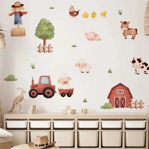 Décoration murale aquarelle dessin animé ferme animal autocollants muraux pour la chambre de chambre pour enfants vache et poulet mural art bricolage autocollants à la maison affiches cadeaux enfants d240528