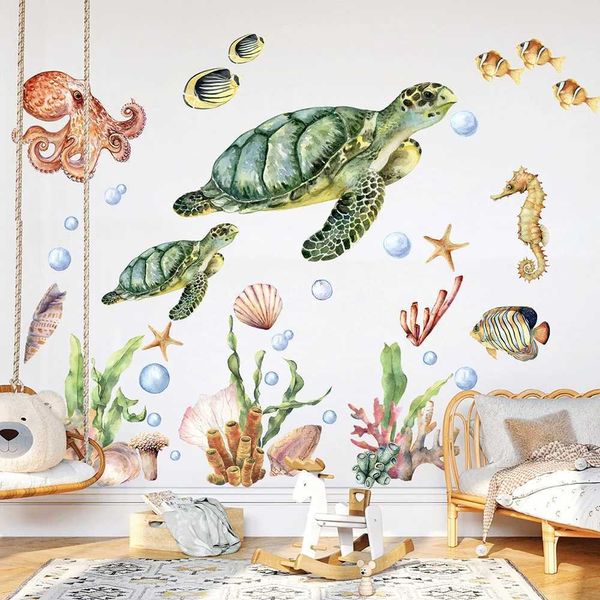 Décoration murale aquarelle tortue poulpe autocollant mural crèche pour enfants chambre mer océan corail mer chevaucheur mural sticker chambre décor de salon d240528