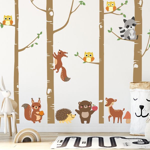 Décoration murale bois pépinière décalcomanie bouleaux arbres forêt animaux cerf raton laveur hibou vinyle autocollants neutre garçon fille bébé chambre 230220