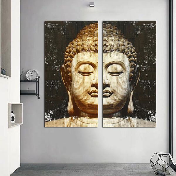 Muracion Bouddha Head Poster Canvas Peinture d'art mural en or noir et blanc pour les affiches et imprimés du salon