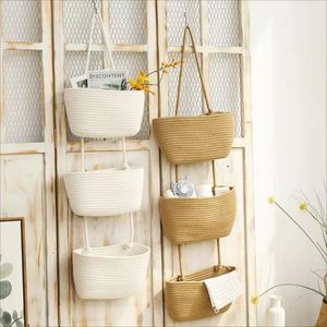 Tenture murale en corde de coton tissé panier de rangement organisateur 3 niveaux polyvalent pour la maison chambre dortoir jouets livre organisation 240125