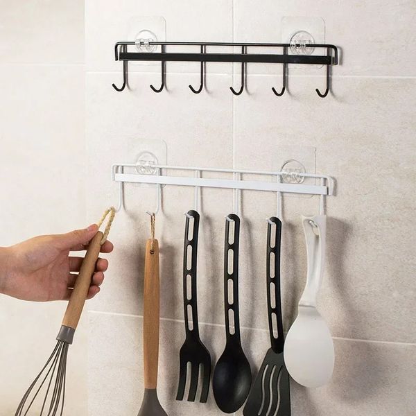 Rack de almacenamiento de gancho colgante de la pared 6 ganchos de cocina Cocina de cocina Toalla de toallas para la puerta de la pared Organizador de baño Autodhesivo