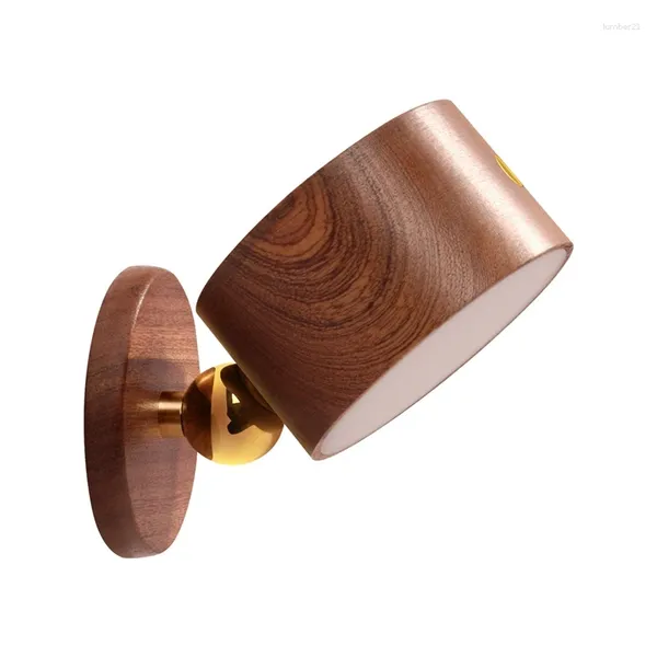 Lámpara de pared 1 juego con puerto USB 360 Rotación LED recargable Sconce Montado Mesita de noche Magnético Grano de madera oscura