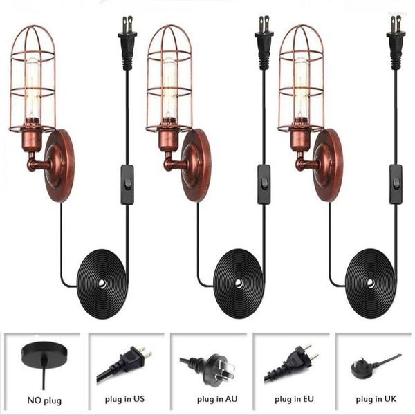 Lámpara de pared Paquete de 3 enchufes de oro rosa en juego de 2 apliques de metal con cable ajustable e interruptor Lámpara industrial