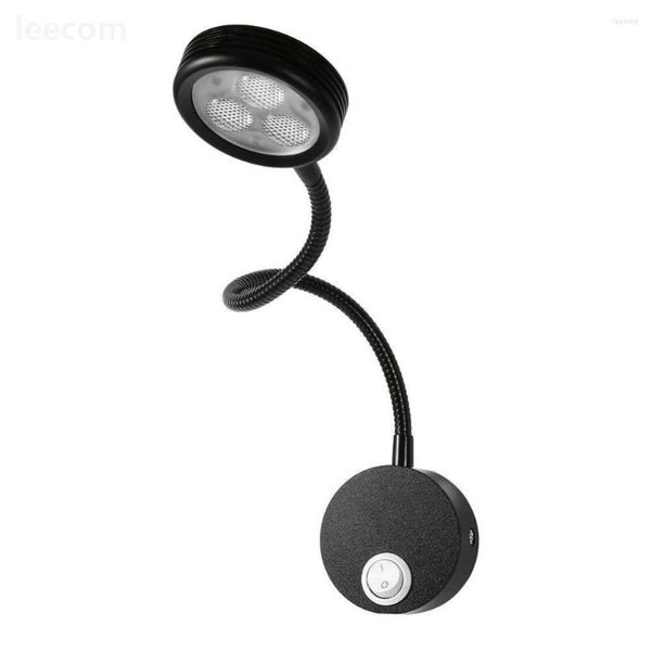 Lámpara de pared 3w Lámparas Led negras Flexible Cuello de cisne ajustable Dormitorio Lámpara de lectura con perilla Swith