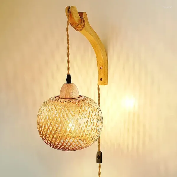 Lámpara de pared Linterna de bambú Mimbre natural E27 Candelabros Lámparas de decoración de habitación tejidas a mano Lámparas de iluminación