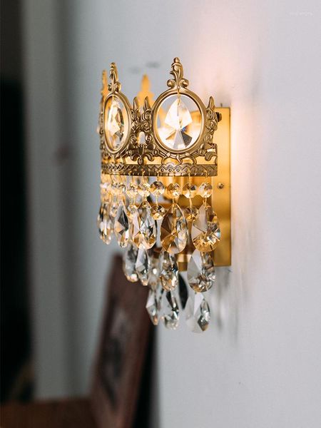 Applique de chevet nordique français européen tout en cuivre chambre fond cristal lumière créative allée de luxe