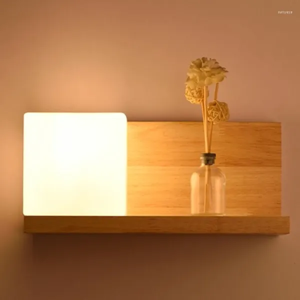 Lámpara de pared, estante de almacenamiento de madera para cabecera, enchufe E27, luz de noche para dormitorio, pantalla de vidrio esmerilado, luces para el hogar de estilo nórdico moderno