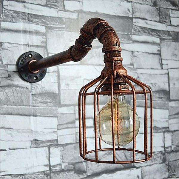 Lámpara de pared jaula de pájaros Retro hierro Metal tubería de agua hecha a mano Industrial viento decorativo aplique soporte luz