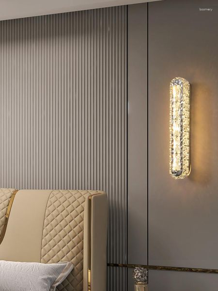 Lámpara de pared, luces LED de cristal brillante para mesita de noche, dormitorio, sala de estar, hogar, candelabro de decoración moderna cromada, accesorios de interior