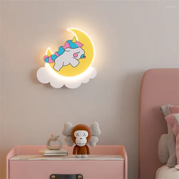 Lámpara de pared Lámparas de luna amarilla de dibujos animados Habitación para niños Mesita de noche Dormitorio de niña Protección para los ojos nórdica Apliques de luces LED