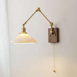 Wandlamp Keramiek Walnoothout Nachtkastje Scandinavisch Slaapkamer Bureau Stille Wind Messing Lange zwenkarm Verstelbaar