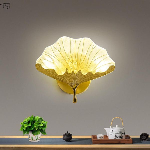 Lámpara de pared China Individual Diseñador moderno Cobre Hoja de Gingko Led Luces de flores Decoración Hogar Sala de estar Pasillo Dormitorio Mesita de noche