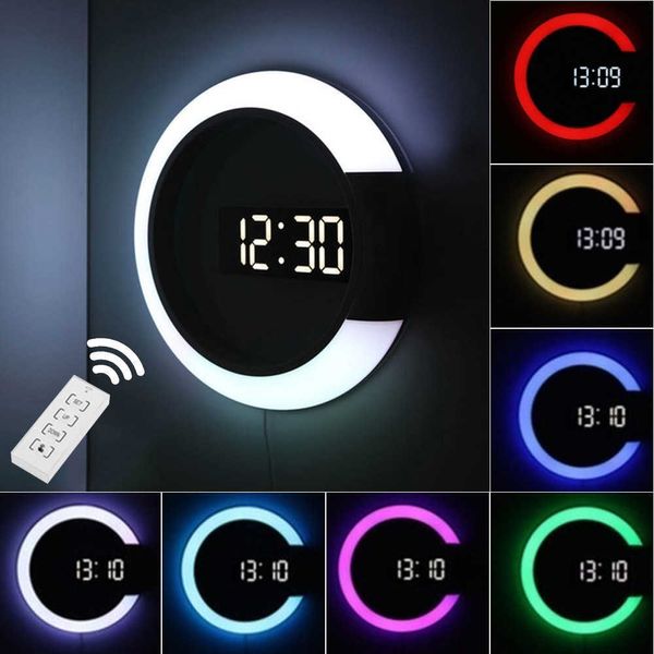 Lámpara de pared Colock Termómetro Control remoto Colorido LED Espejo Reloj de pared hueco Anillo Luz Termómetro Reloj despertador digital 210724