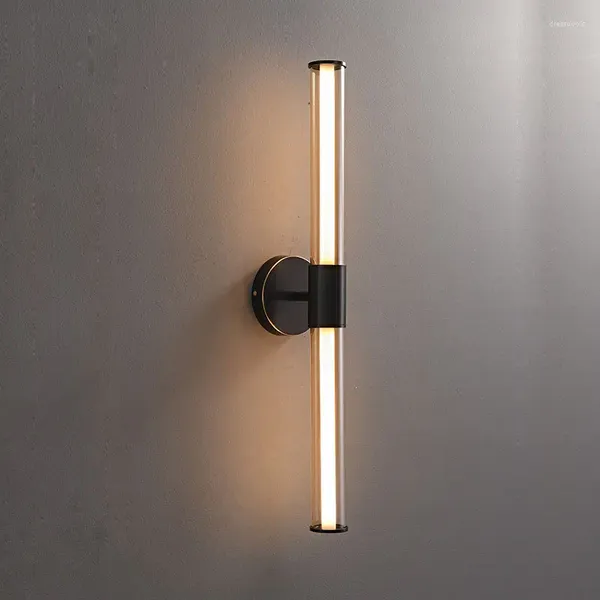 Lámpara de pared Luz de vidrio de cobre El baño Coñac Negro Retro LED Sconce Sala de exposiciones Tira tubular Faro de espejo frontal