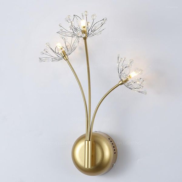 Lámpara de pared, lámparas de cristal, luces de noche doradas nórdicas, candelabro de lujo para Loft, luz de diente de león con flores decorativas japonesas