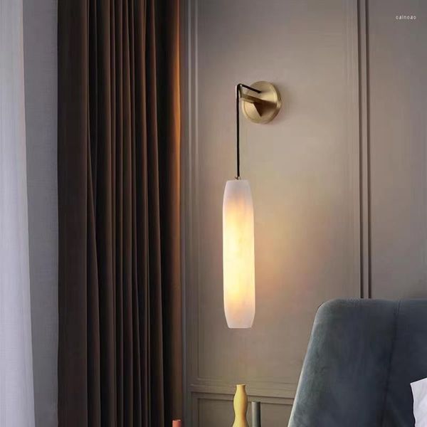 Lámpara de pared cilíndrica de mármol natural, luces para sala de estar, dormitorio, pasillo, escaleras, aplique de alambre de cobre ajustable, incluye bombilla E14