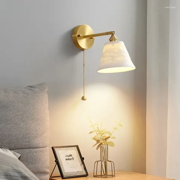 Applique murale DIY haut et bas rotatif en laiton céramique LED interrupteur à tirer applique chambre chevet lumière intérieure décoration de la maison