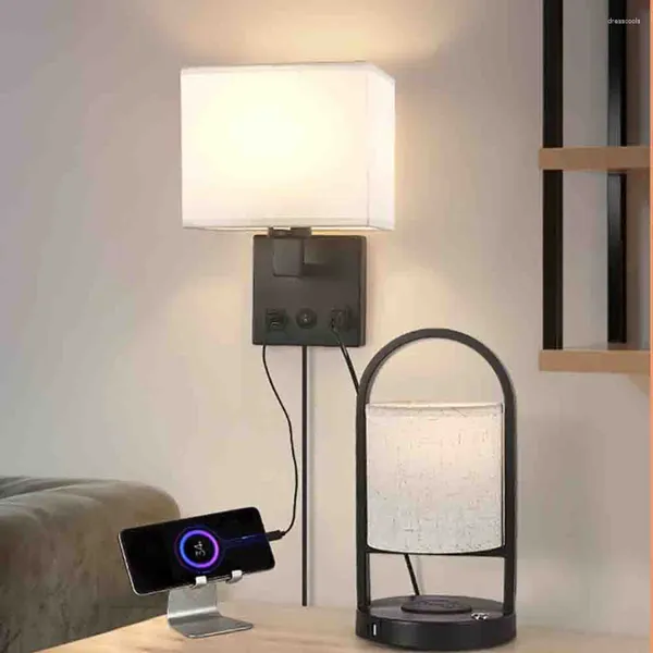 Lámpara de pared El lectura de cabecera con USB tela americana habitación de invitados enchufe dormitorio Led