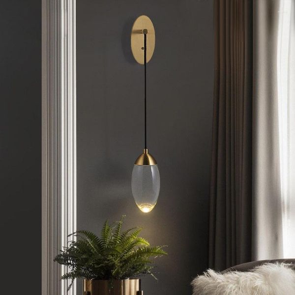 Lámpara de pared elegante de cristal nórdico para mesita de noche, dormitorio, sala de estar, fondo decorativo, candelabro de luz de latón