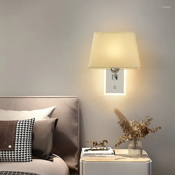 Lámpara de pared Pantalla de tela doblada con interruptor giratorio, luz LED creativa y moderna para dormitorio, accesorio de iluminación para cabecera, AC85-265V