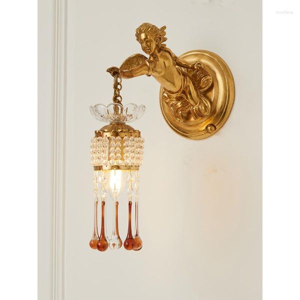 Lampe murale français tout cuivre européen de luxe en cristal Clice chambre de lit de lit de lit de lit angel pendentif classique